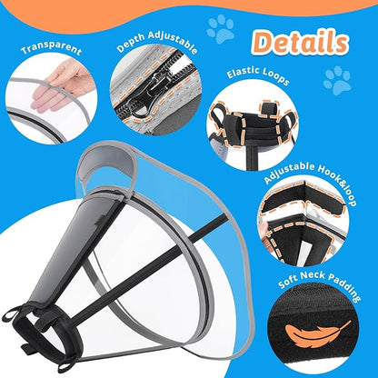 Extended Dog Cone to Stop Licking, Adjustable Depth, Transparent Recovery Collar for Large Medium Dogs, Soft E-Collar After Surgery Neuter with Reflective Strip for Night Visibility XXL
