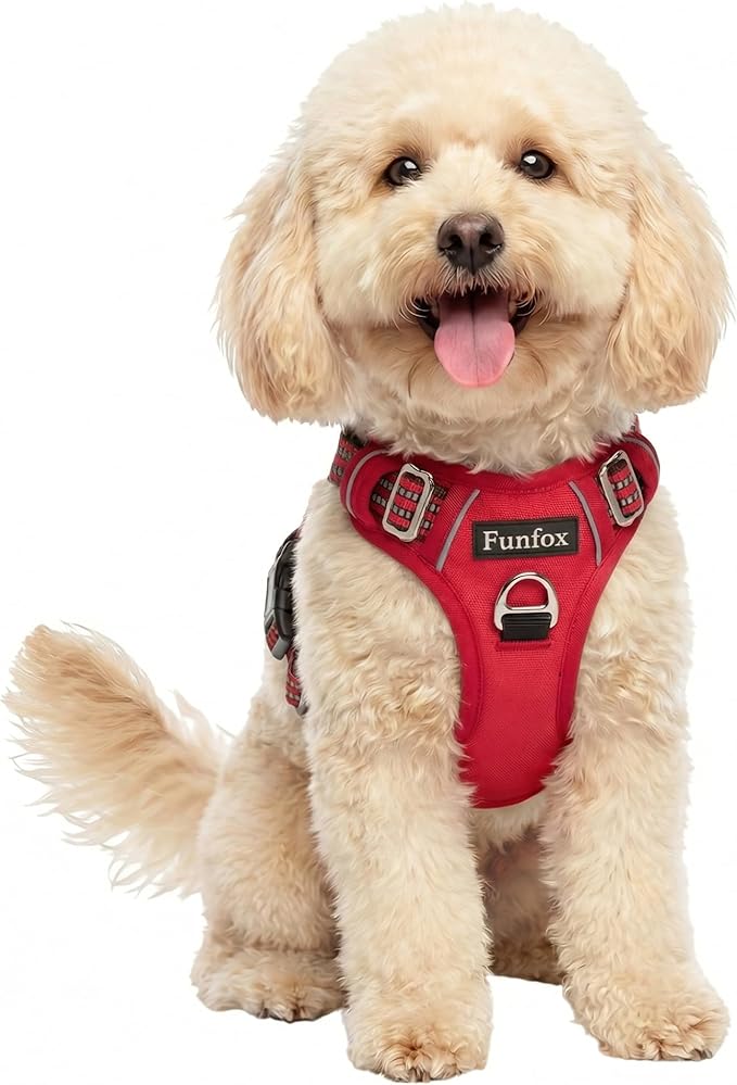 Funfox Dog Harness No Pull, Adjustable Pet Vest Harness, Super Soft Material with Vertical Handle Easy Control, Reflective Night Walking, 2 Leash Clips for Small Sized Dogs, Red, S