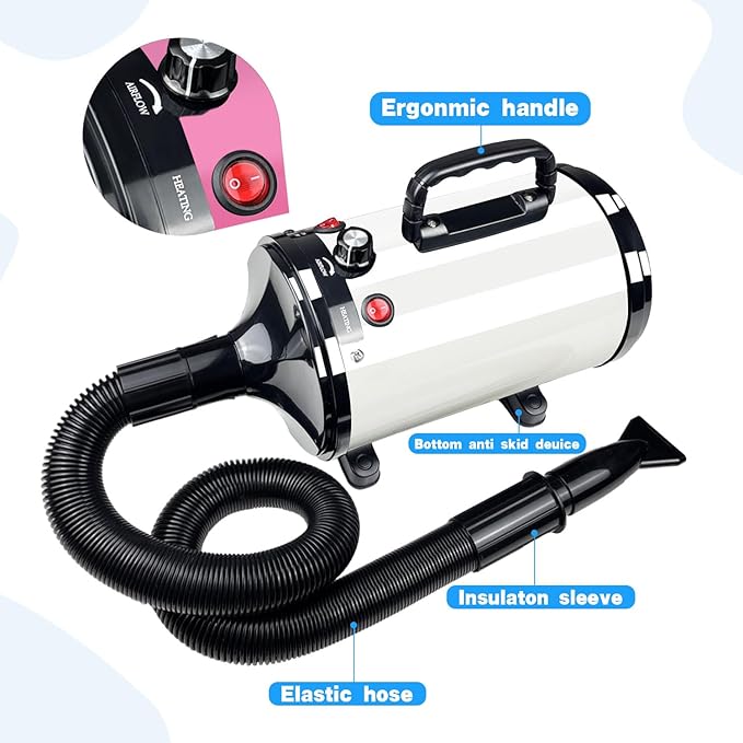 High Velocity Professional Dog Grooming Dryer,Adjustable Temperature and Speed Hair Dryer for Pets with 4 Nozzles