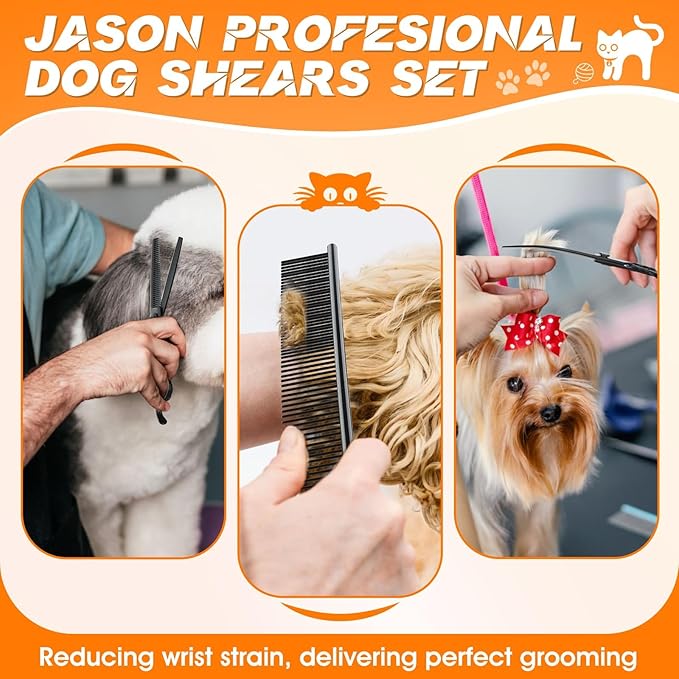 JASON Dog Grooming Scissors Set Professional 6 in 1 Dog Shears Kit - 6.5" Thinning, 7" Straight, 7" Up-Curved, 7" Down-curved Shears and Comb for Cat Pet with Adjustable Screw (Black) Christmas