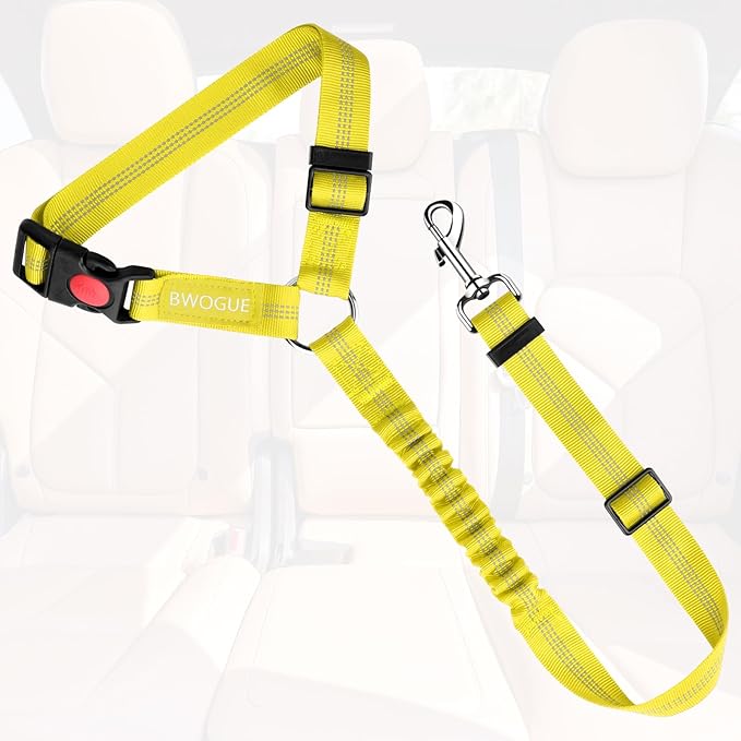 BWOGUE Pet Dog Cat Seat Belts, Car Headrest Restraint Adjustable Safety Leads Vehicle Seatbelt Harness (1 Pack, Yellow, Elastic)