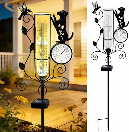 YJFWAL Dog Rain Gauge Outdoor, Decorative Metal Hummingbird Solar Rain Gauge with LED Light and Thermometer, Garden Decor for Yard, Lawn, Pathway, Farm