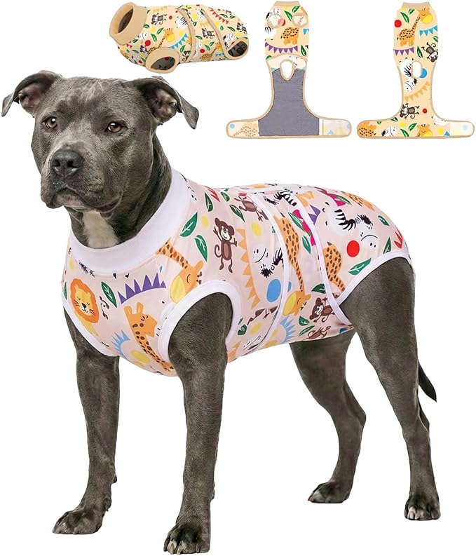 PetWarm Dog Recovery Suit Male Neutered Surgery, Substitute E-Collar Cone Prevent Licking Onesies for Dogs, Dog Surgery Recovery Suit, Female Male Onesie for Dogs Spay Neuter, Zoo Pattern, Yellow, 2XL