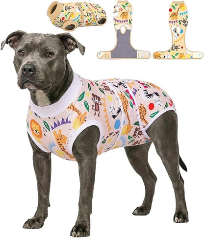PetWarm Dog Recovery Suit Male Neutered Surgery, Substitute E-Collar Cone Prevent Licking Onesies for Dogs, Dog Surgery Recovery Suit, Female Male Onesie for Dogs Spay Neuter, Zoo Pattern, Yellow, 2XL