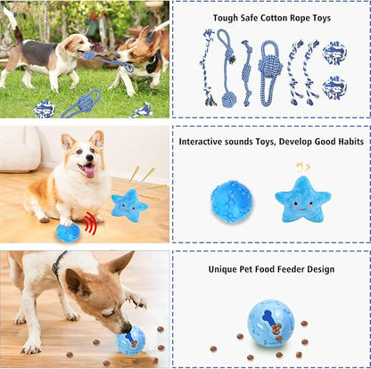 MRSOHRET Upgraded 21Pcs Puppy Chew Toys - Blue Puppy Chew Toys Bundle for Teething, Puppies Teething Toys with Durable Rope Rubber Ball, Pet Interactive Toys for Small Medium Dogs with Basket