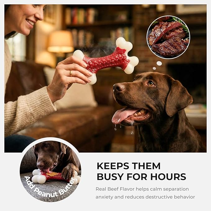 Kseroo 6-Pack Indestructible Dog Toys for Aggressive Chewers: Beef Flavored Hard Nylon Bone Chew Toys, Tough Dog Chew Toys for Large Dogs, Dog Toys to Keep Them Busy for Medium Large Breed, Red