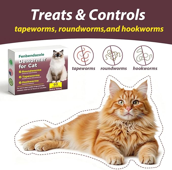 Dewormer for Cats,Cat Wormer Fenbendazole Tablets for Tapeworms, Roundworms & Hookworms,60 Count