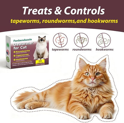 Dewormer for Cats,Cat Wormer Fenbendazole Tablets for Tapeworms, Roundworms & Hookworms,60 Count