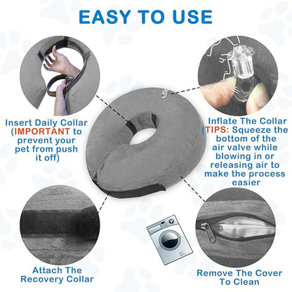Inflatable Dog Cone (M Size), Medium Size Dog Cone Alternative, Soft Blow-up Protective Recovery Collar, Comfy Elizabethan Collar After Surgery for Cat to Prevent Licking, Grey