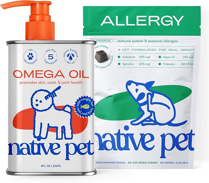 Native Pet Itchy Skin Bundle | Allergy Chews for Dogs (60 Chews) + Omega Oil for Dogs (8oz) | Allergy & Itching Relief for Pups - Probiotics for Itchy Skin & Fish Oil