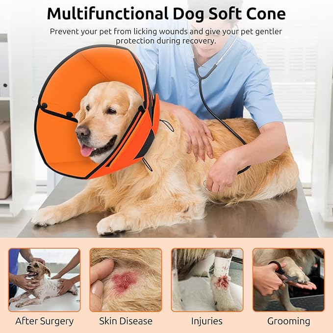 Queenmore Soft Cone for Dogs After Surgery, Dog Cones for Large Dogs to Stop Licking, Soft Dog Cone, Elizabethan Collar for Pets, Alternative Pet Recovery Collar for Wound Healing, Orange L