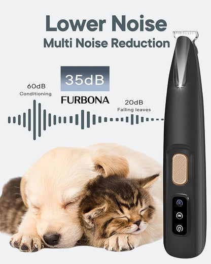 FURBONA Upgraded Dog Paw Trimmer with LED Light, 18 mm Widen Blade, 35 dB Low Noise, LED Display, Fully Waterproof, Rechargeable Clipper for Dogs Cats Trimming Paws, Eyes, Ears, Face, and Rump (Black)