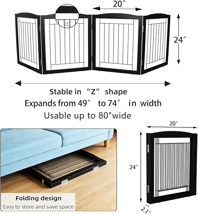 ZJSF Freestanding Foldable Dog Gate for House Extra Wide Wooden Black Indoor Puppy Gate Stairs Dog Gates Doorways Tall Pet Gate 4 Panels Fence