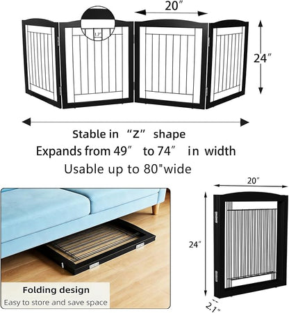 ZJSF Freestanding Foldable Dog Gate for House Extra Wide Wooden Black Indoor Puppy Gate Stairs Dog Gates Doorways Tall Pet Gate 4 Panels Fence