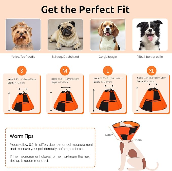 Queenmore Soft Cone for Dogs After Surgery, Dog Cones for Large Dogs to Stop Licking, Soft Dog Cone, Elizabethan Collar for Pets, Alternative Pet Recovery Collar for Wound Healing, Orange L