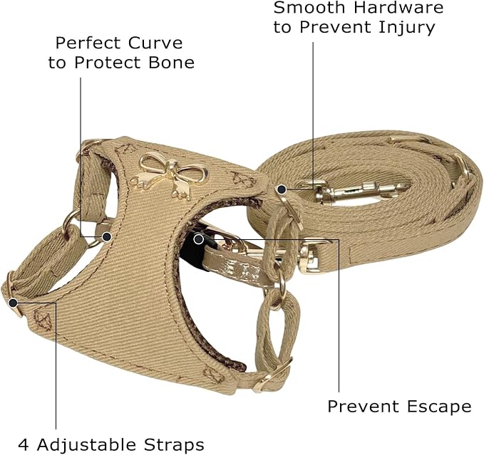 No Pull Dog Harness and Leash Set for Small Sized Dog Training; Puppy Harnesses with Multifunction Dog Leash, Soft Adjustable Denim No Choke Escape Proof Pet Harness for Small and Medium Dog (Brown S)