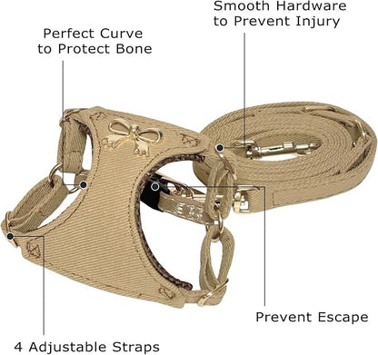 No Pull Dog Harness and Leash Set for Small Sized Dog Training Puppy Harnesses with Multifunction Dog Leash Soft Adjustable Denim No Choke Escape Proof Pet Harness for Small and Medium Dog (Brown XXS)