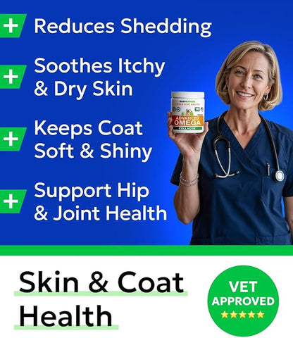 BARK&SPARK Advanced Omega-3 Collagen for Dogs - 180 Salmon & Fish Oil Treats for Dog Shedding, Skin Allergy Chews, Itch Relief, Hot Spots Treatment - Joints, Skin & Coat Supplement,EPA&DHA Fatty Acids