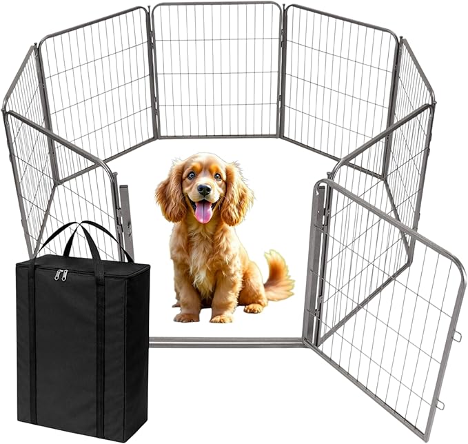 Dog Playpen w/Carrying Case for Indoor or Outdoor Use – 32 Inch, 8 Grey Panels - Portable Metal Exercise Pen for Small & Medium Dogs - Pet Fence Kennel Crate for House, RV, or Travel