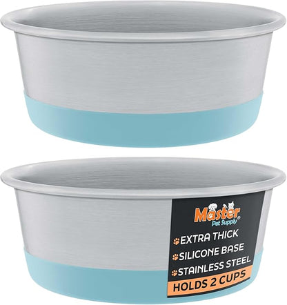 Master Pet Supply Stainless Steel Dog Bowls Set of 2 with Extra Thick Silicone Base - 2 Cup (16 oz) Aqua Sky, Non-Slip, Dishwasher Safe Metal Bowls, Pet Dog Food Bowl for Dogs, Cats, Anti Rust