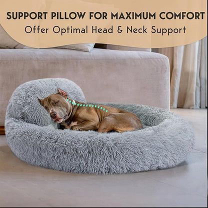 PetJett Dog Beds Large Sized Dog - 36'' Calming Round Bed, Anti-Slip & Washable Super Soft Donut Bed, Fluffy Faux Fur Anti-Anxiety Premium Comfort Pet Bed, Fits Dogs up to 80 lbs - Bright Grey