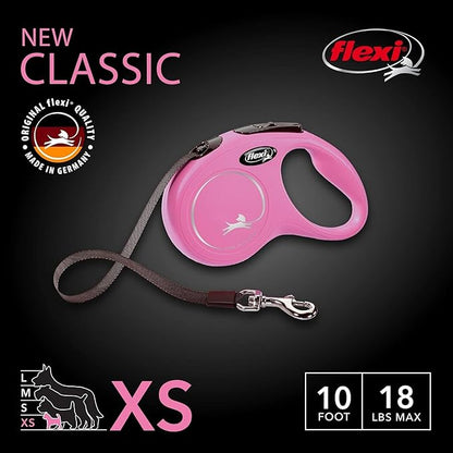 FLEXI® Classic XS Tape Retractable Dog Leash (Pink)-10 ft for Extra Small, Tiny Dogs up to 26 lbs| Ultra Compact Pocket-Size, 3-Finger Grip, German Quality| Tangle-Free, One-Hand Brake, Pause & Lock