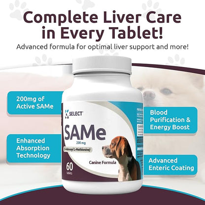K9 Select SAM-e for Medium and Large Adult Dogs, 60 Tablets, 200mg Active S-Adenosyl L- Methionine, for Dogs