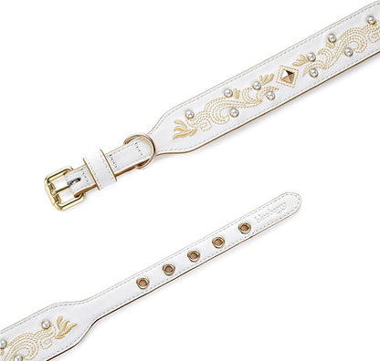 Blueberry Pet Western Genuine Leather Dog Collar for Small Breeds, Pearl White - Floral Embroidery, Pearl Studs, Adjustable 12-15 Inch Neck