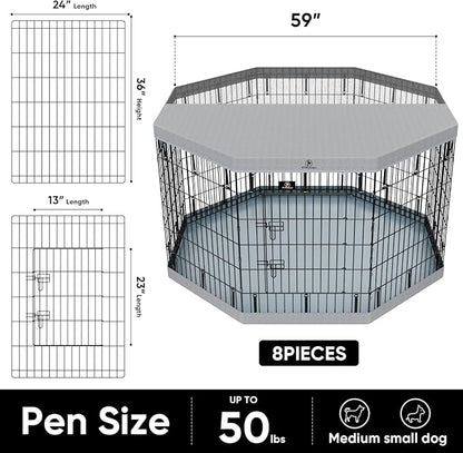 PJYuCien Dog Playpen with Top Cover and Bottom Pad - Metal Foldable Exercise Pen, 8 Panels 36" H x 24" W Indoor Outdoor Pet Fence Puppy Crate Kennel, Gray