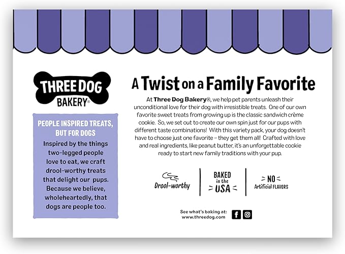 Three Dog Bakery Lick’n Crunch! Fan Favorites Dog Treats Variety Pack, Crunchy Sandwich Dog Cookies with Birthday Cake, Peanut Butter Carob & Vanilla Cream Fillings, 13 oz
