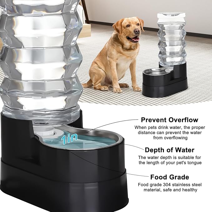 RIZZARI Automatic Dog Water Dispenser: Spill-Resistant 9L Black Gravity Feeder - Includes 2 Extra Filters & 2 Bottle Caps - Raised Design Supports Elderly Dogs’ Spine Health - for Garage Garden Use