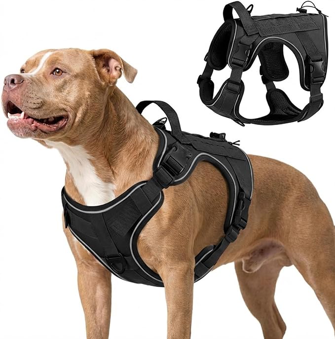 VavoPaw Heavy Duty Tactical Dog Harness for Large Dogs, No Pull Adjustable Pet Harness Reflective Service Training Easy Control Pet Vest Military K9 Working Dog Harnesses, Black, M