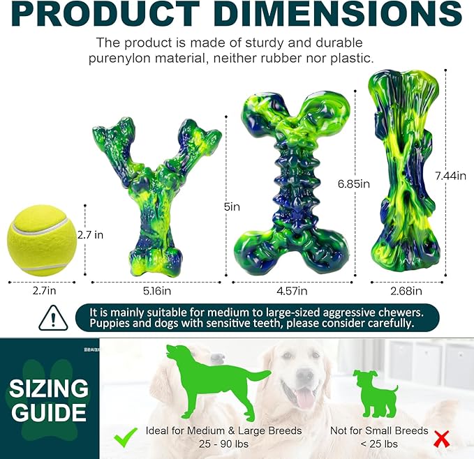 Kseroo Indestructible Dog Toys for Aggressive Chewers 3-Pack: Peanut Butter Flavored Dog Chew Toys, Tough Dog Toys for Medium & Large Dogs (20-90lbs), Hard Nylon Dog Bone Toys to Keep Them Busy, Green