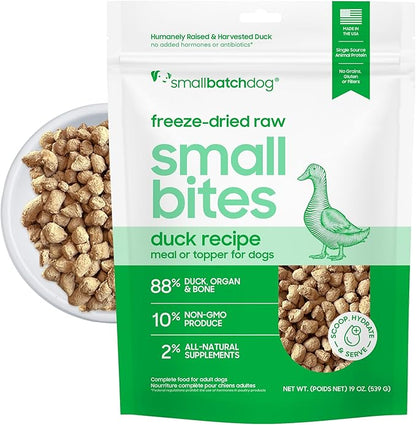 smallbatch Pets Freeze-Dried Raw Dog Food – Duck Recipe – 19oz Small Bites – High Protein, Grain Free – Complete Meal or Topper – Made in USA with Organic Superfoods 19 Oz, Duck