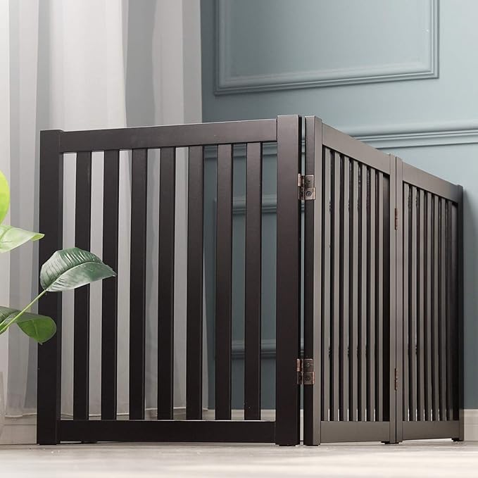 WELLAND 24" Freestanding Pet Gate, Foldable Indoor Wooden Dog Puppy Gate, 3 Panel Step Over Fence, Expands Up to 60" Wide, Espresso