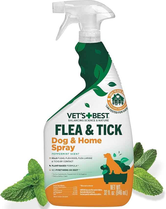 Vet’s Best Indoor Flea and Tick Spray – Dog Flea and Tick Treatment for Home, Plant-Based Formula with Natural Oils, Kills Fleas, Eggs & Ticks on Contact, Made in USA, 32 oz