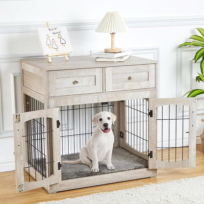 Hipicute Dog Crate Furniture with Drawers, Wooden Kennel for Large Breed Dogs, End Table Dog House for Indoor Use, Dog Crate for Small/Medium/Large Dogs
