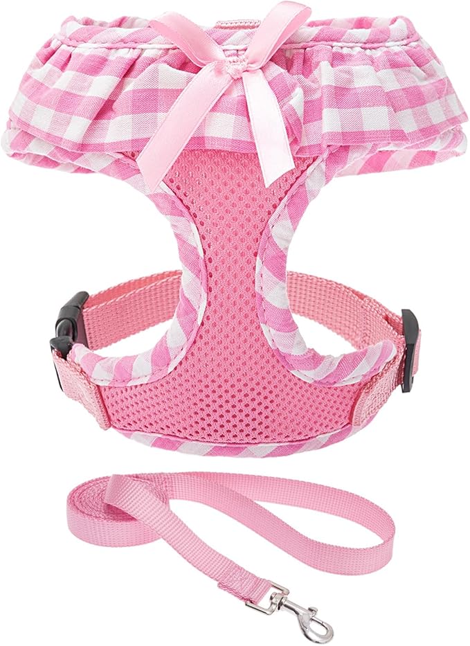EXPAWLORER Cute Dog Harness and Leash Set - Pink Girl Dog Harness Checkered Step-in Design, Easy Adjustable No-Choke Lightweight Breathable Vest for Puppy Small Dogs Cats Outdoor Walking, X-Small