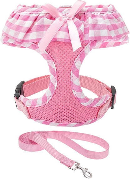 EXPAWLORER Cute Dog Harness and Leash Set - Pink Girl Dog Harness Checkered Step-in Design, Easy Adjustable No-Choke Lightweight Breathable Vest for Puppy Small Dogs Cats Outdoor Walking, Small
