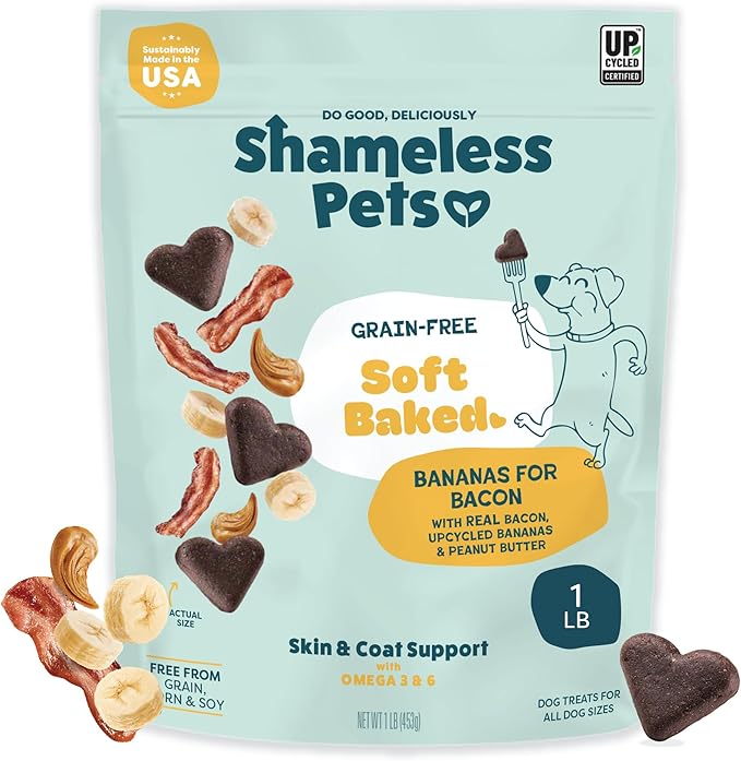 Shameless Pets Soft-Baked Dog Treats - Bananas for Bacon, Grain-Free Snacks for Medium & Large Dogs, Natural & Healthy Doggy Chews with Omega 3 & 6, Treats for Older & Senior Dogs, Made in USA