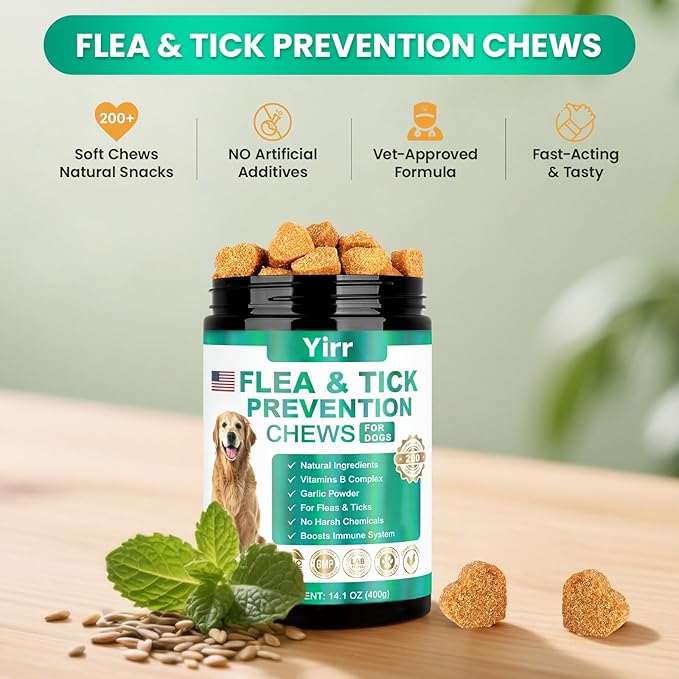 Flea and Tick Prevention for Dogs Chewable, 200 Natural Soft Chews Oral Flea and Tick Supplement for Dogs Puppies, All Breeds & Sizes - Chicken Flavor