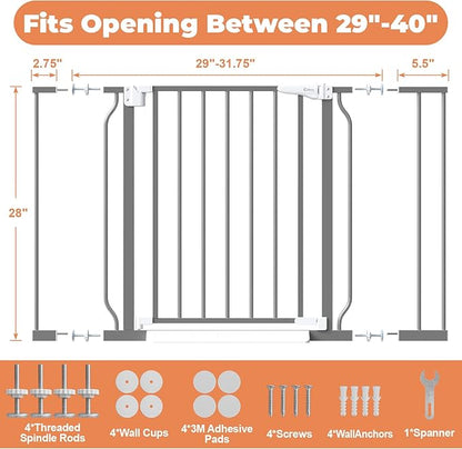 29"-40" Baby Gate for Stairs, Auto Close Stroller Friendly Dog Gate Indoor for Doorways, Pressure Mounted Baby Gate, Easy Walk Through Gate for Children & Pets, Grey