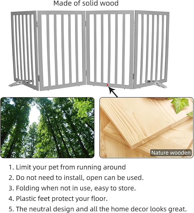 ZJSF Freestanding Indoor Dog Gate for House Foldable Wood Puppy Gate for Doorways Pet Gate for Stairs Extra Wide Pet Fence, Grey, 32" Height 4 Panels