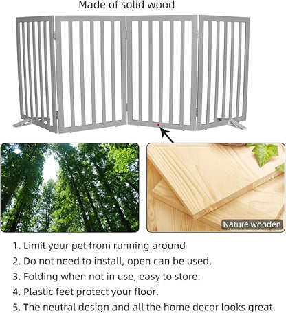 ZJSF Freestanding Indoor Dog Gate for House Foldable Wood Puppy Gate for Doorways Pet Gate for Stairs Extra Wide Pet Fence, Grey, 32" Height 4 Panels