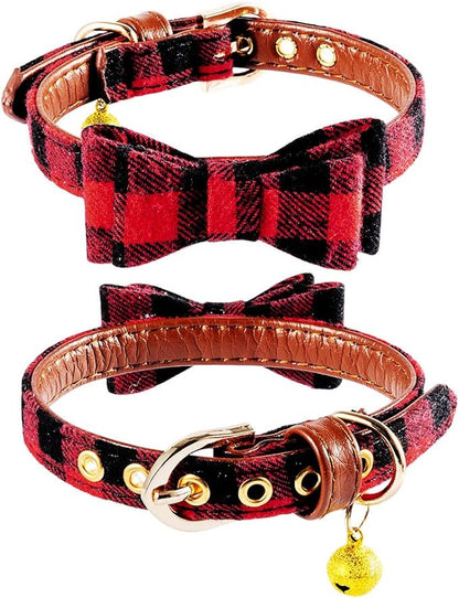 EXPAWLORER Dog Collar and Leash Set - Classic Plaid Dog Bow Tie and Dog Bandana Collar with Bell, Dog Leash Tangle Free, Adjustable Collars for Small Medium Large Dogs Cats, Holiday Ideal Gift