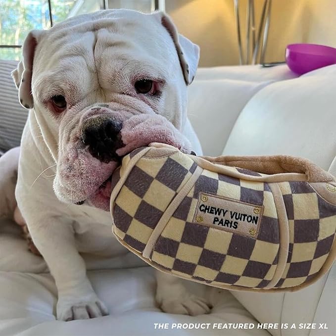 Haute Diggity Dog Chewy Vuiton Handbag Plush Squeaky Dog Toy, Soft Durable Designer-Inspired Stuffed Puppy Chew Toys for Small, Medium & Large Dogs, Machine-Washable (Tan Checker) XL