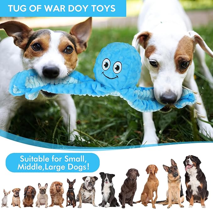 Letsmeet Squeaky Dog Toys Octopus Stuffed Crinkle Toy, Puppy Chew Toys for Teething, Durable Tug of War Interactive Plush Dog Toys for Puppies Small, Medium, and Large Dogs