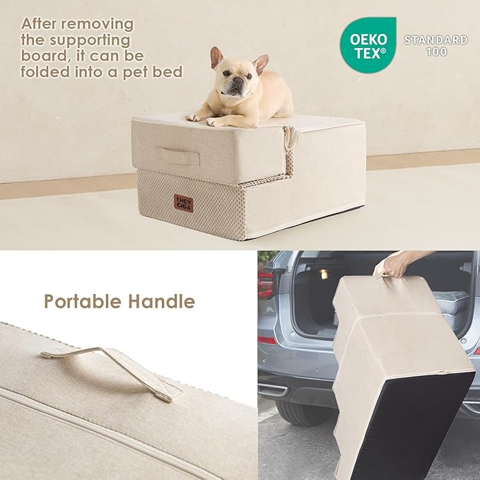 EHEYCIGA Dog Stairs for Small Dogs 13.5" H, 3-Step Dog Steps for Couch Sofa and Chair, Pet Steps for Medium Cats, Non-Slip Balanced Pet Ramp Indoor, Beige