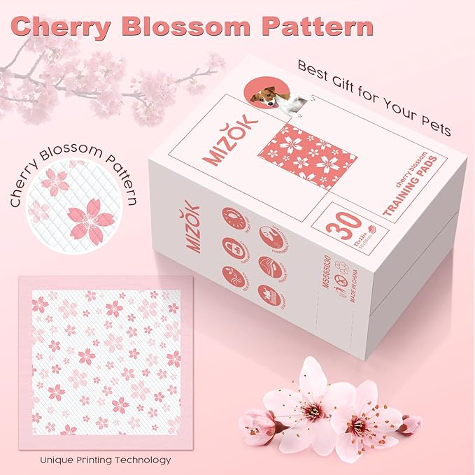 MIZOK Puppy Pads 22"x22", Pee Pads for Dogs 6-Layer Absorbency & Leak-Proof, Pink Cherry Blossom Prints, 4-Corner Adhesive Tabs, Wee Wee Pads for Small Dog Breeds (30 Counts)