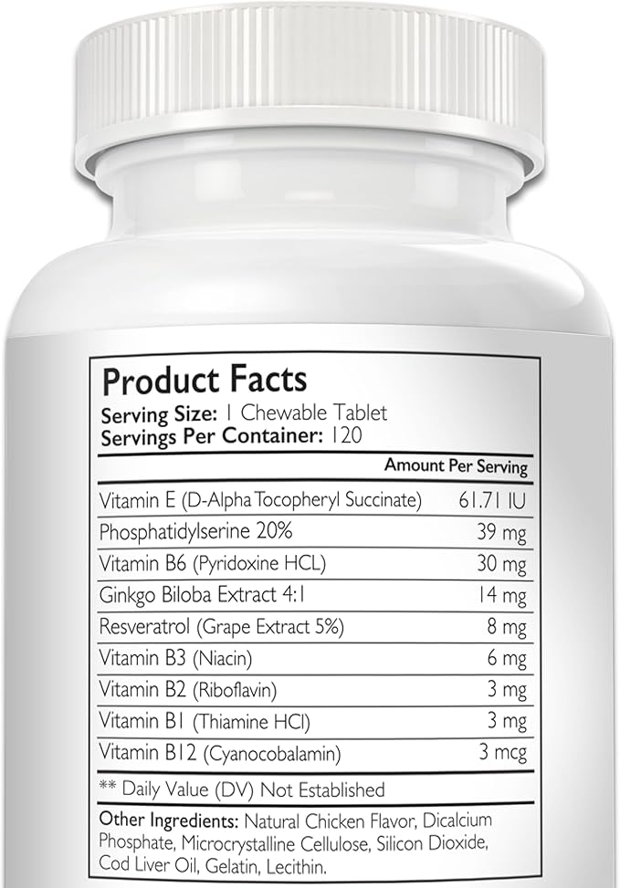 Cognitive Support for Dogs, Promotes Dog Brain Health, Mental Support Supplement for Cognitive Difficulties, 120 Chewable Tablets